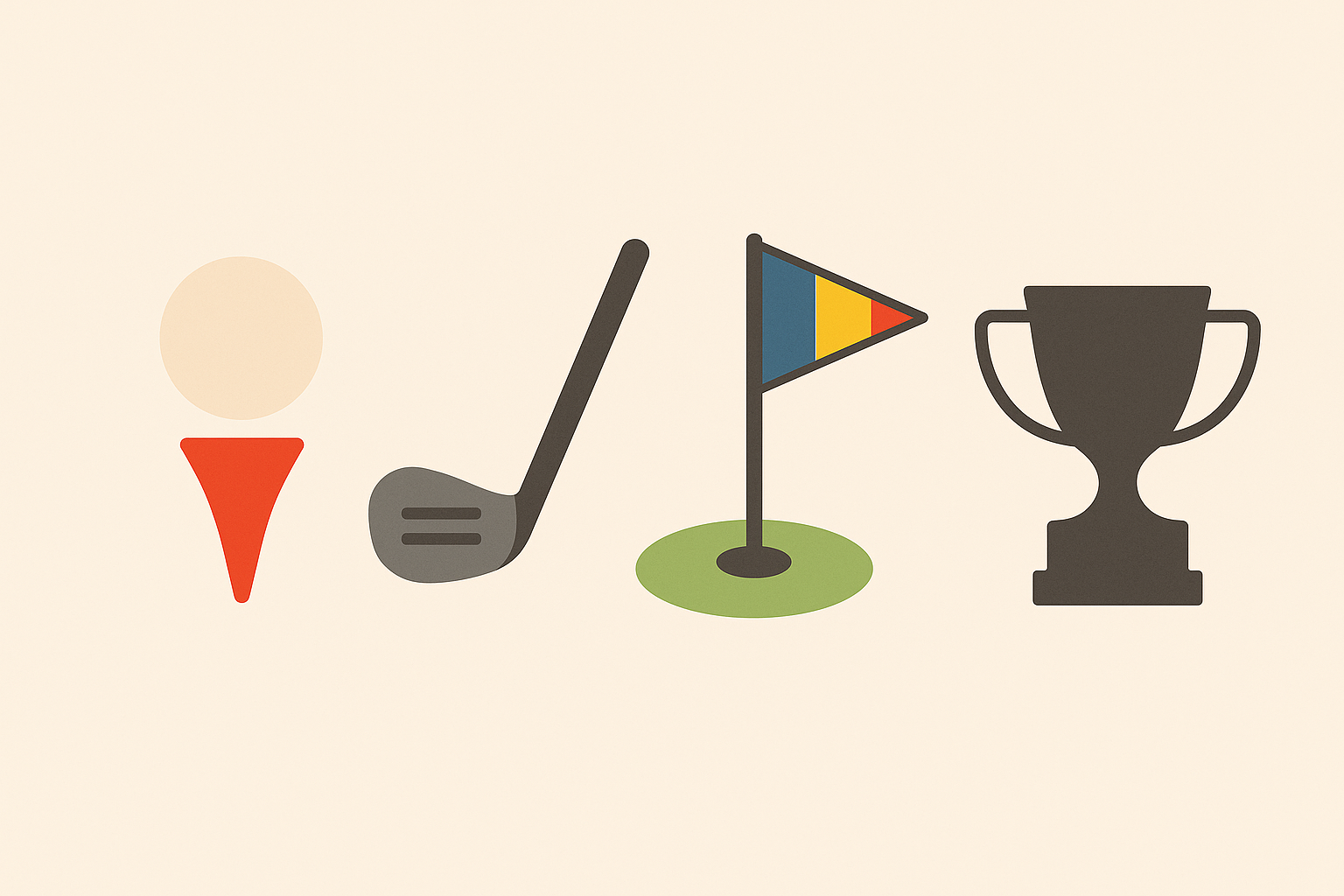 Traseu grafic de golf cu tee, minge, crosă, fanion cu tricolorul României și trofeu