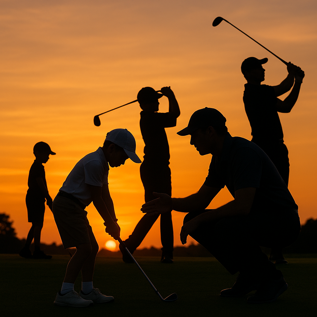 Tânăr golfer junior învățând de la antrenor profesionist, ilustrând parcursul de dezvoltare în golf de la începător la elite